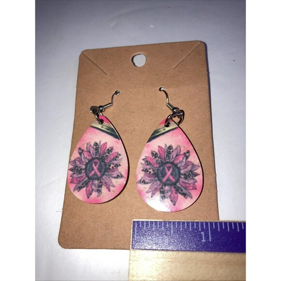 Hypoallergenic Dangle Drop Earrings breast Cancer Awareness Pink Ribbon - Picture 4 of 4